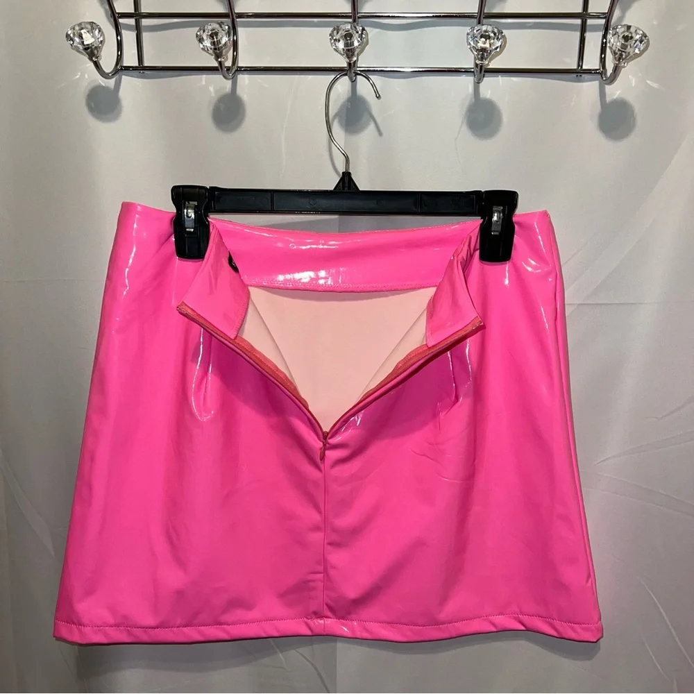 Sexy High Waist Hot Pink Faux PU Leather Bodycon Mini Skirt - Picture 7 of 8
